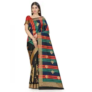 Women's Banarasi Silk Printed Saree with Blouse – Black