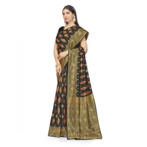 Women's Banarasi Silk Printed Saree with Blouse – Black