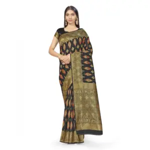 Women's Banarasi Silk Printed Saree with Blouse – Black