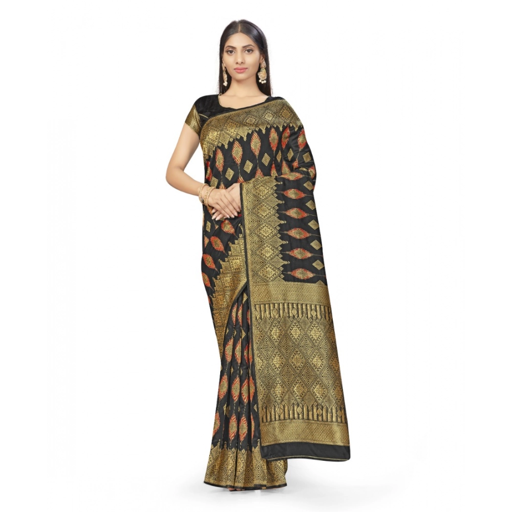 Women's Banarasi Silk Printed Saree with Blouse – Black
