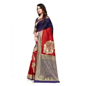 Women's Banarasi Silk Printed Saree with Blouse – Navy Blue, Red