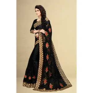 Women's Net Embroidered Saree with Blouse – Black