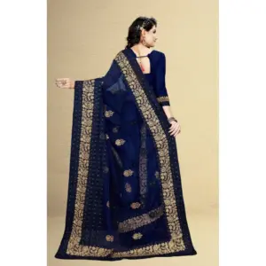 Women's Net Embroidered Saree with Blouse – Navy Blue
