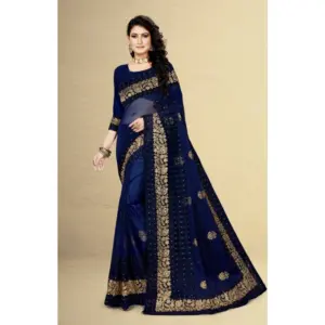 Women's Net Embroidered Saree with Blouse – Navy Blue