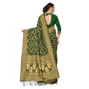 Women's Banarasi Silk Printed Saree with Blouse – Green