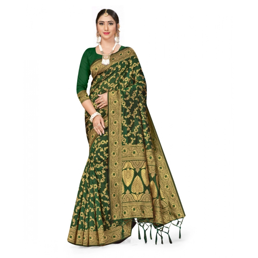 Women's Banarasi Silk Printed Saree with Blouse – Green