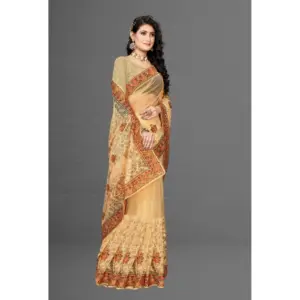 Women's Net Embroidered Saree with Blouse – Chiku