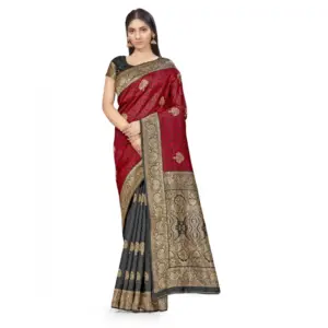Women's Banarasi Silk Printed Saree with Blouse – Black, Red