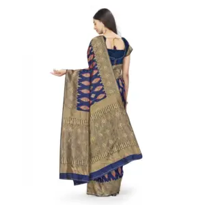 Women's Banarasi Silk Printed Saree with Blouse – Navy Blue