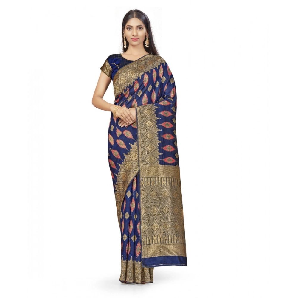 Women's Banarasi Silk Printed Saree with Blouse – Navy Blue