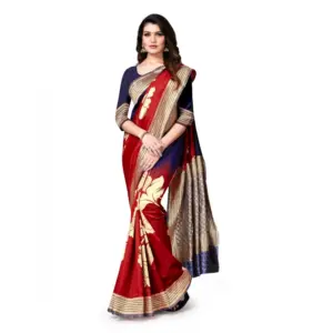 Women's Banarasi Silk Printed Saree with Blouse – Navy Blue, Red