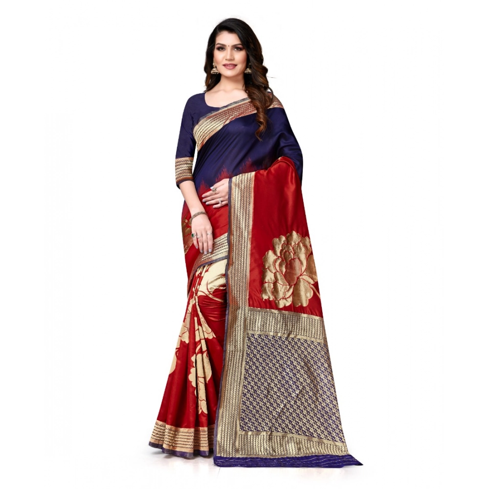 Women's Banarasi Silk Printed Saree with Blouse – Navy Blue, Red
