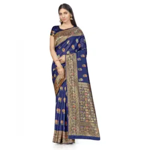Women's Banarasi Silk Printed Saree with Blouse – Navy Blue
