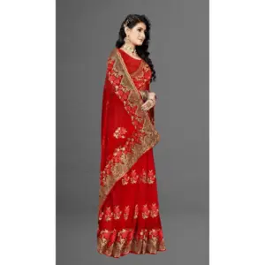 Women's Net Embroidered Saree with Blouse – Red
