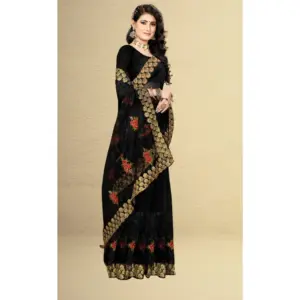 Women's Net Embroidered Saree with Blouse – Black