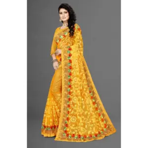 Women's Net Embroidered Saree with Blouse – Yellow
