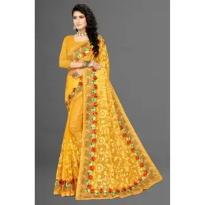Women's Net Embroidered Saree with Blouse – Yellow