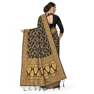 Women's Banarasi Silk Printed Saree with Blouse – Black