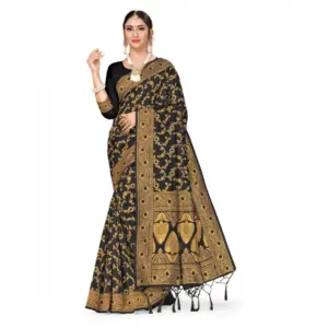 Women's Banarasi Silk Printed Saree with Blouse – Black
