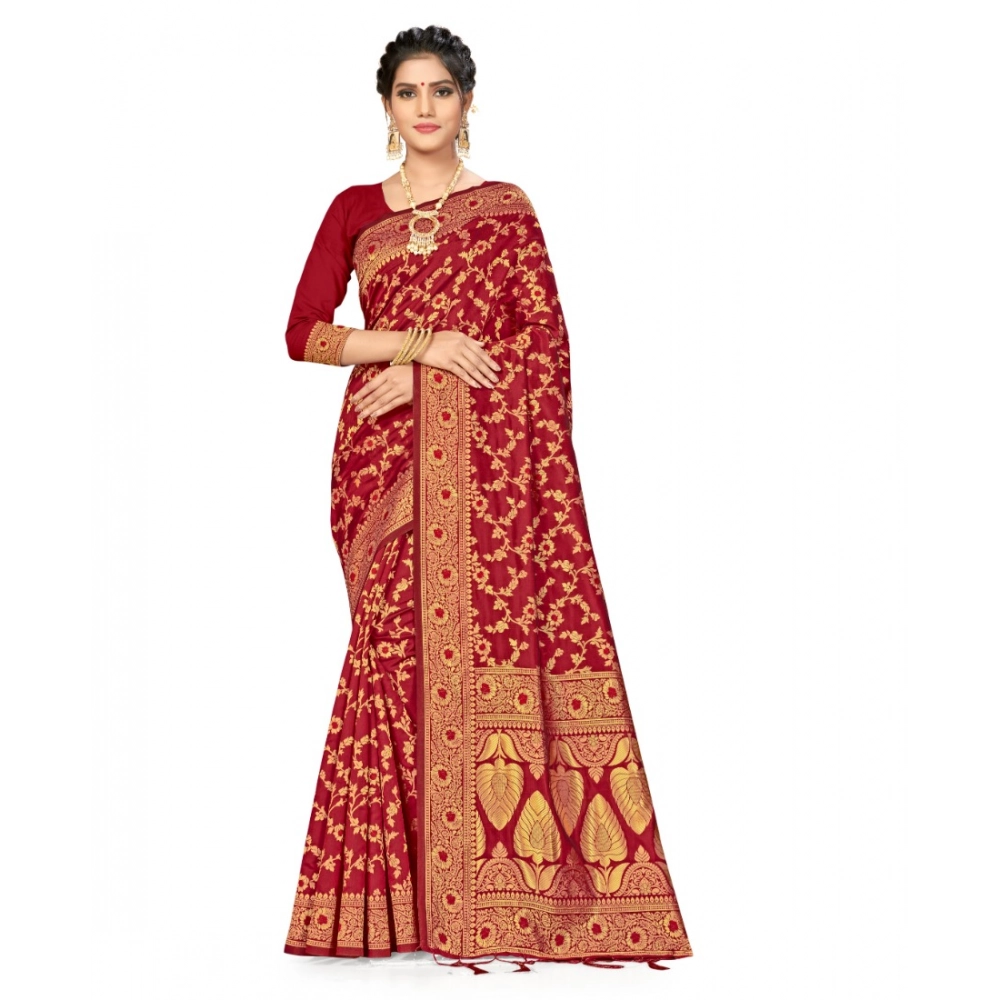 Women's Banarasi Silk Printed Saree with Blouse – Maroon