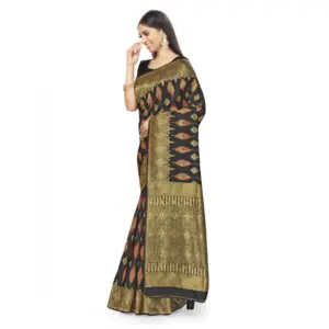 Women's Banarasi Silk Printed Saree with Blouse – Black