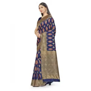Women's Banarasi Silk Printed Saree with Blouse – Navy Blue