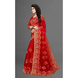 Women's Net Embroidered Saree with Blouse – Red
