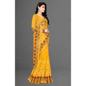 Women's Net Embroidered Saree with Blouse – Yellow