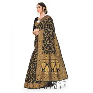 Women's Banarasi Silk Printed Saree with Blouse – Black