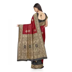 Women's Banarasi Silk Printed Saree with Blouse – Black, Red