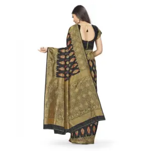 Women's Banarasi Silk Printed Saree with Blouse – Black