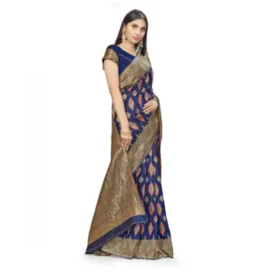 Women's Banarasi Silk Printed Saree with Blouse – Navy Blue