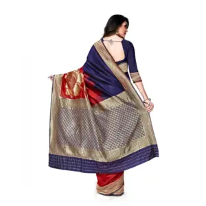 Women's Banarasi Silk Printed Saree with Blouse – Navy Blue, Red