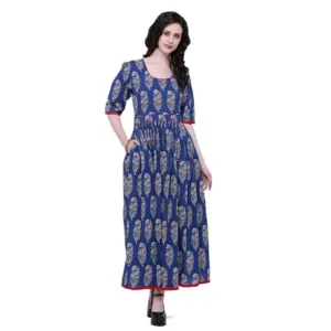 Generic Women's Cotton Printed Anarkali Kurti (Blue, Cotton)