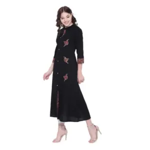 Generic Women's Khadi Printed A Line Kurti  (Black, Khadi)