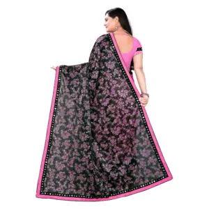 Women's Lycra Blend Floral Print Saree with Blouse – Pink