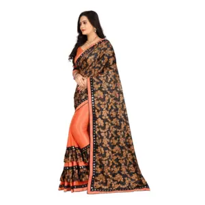 Women's Lycra Blend Floral Print Saree with Blouse – Orange
