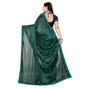 Women's Lycra Blend Floral Print Saree with Blouse – Green