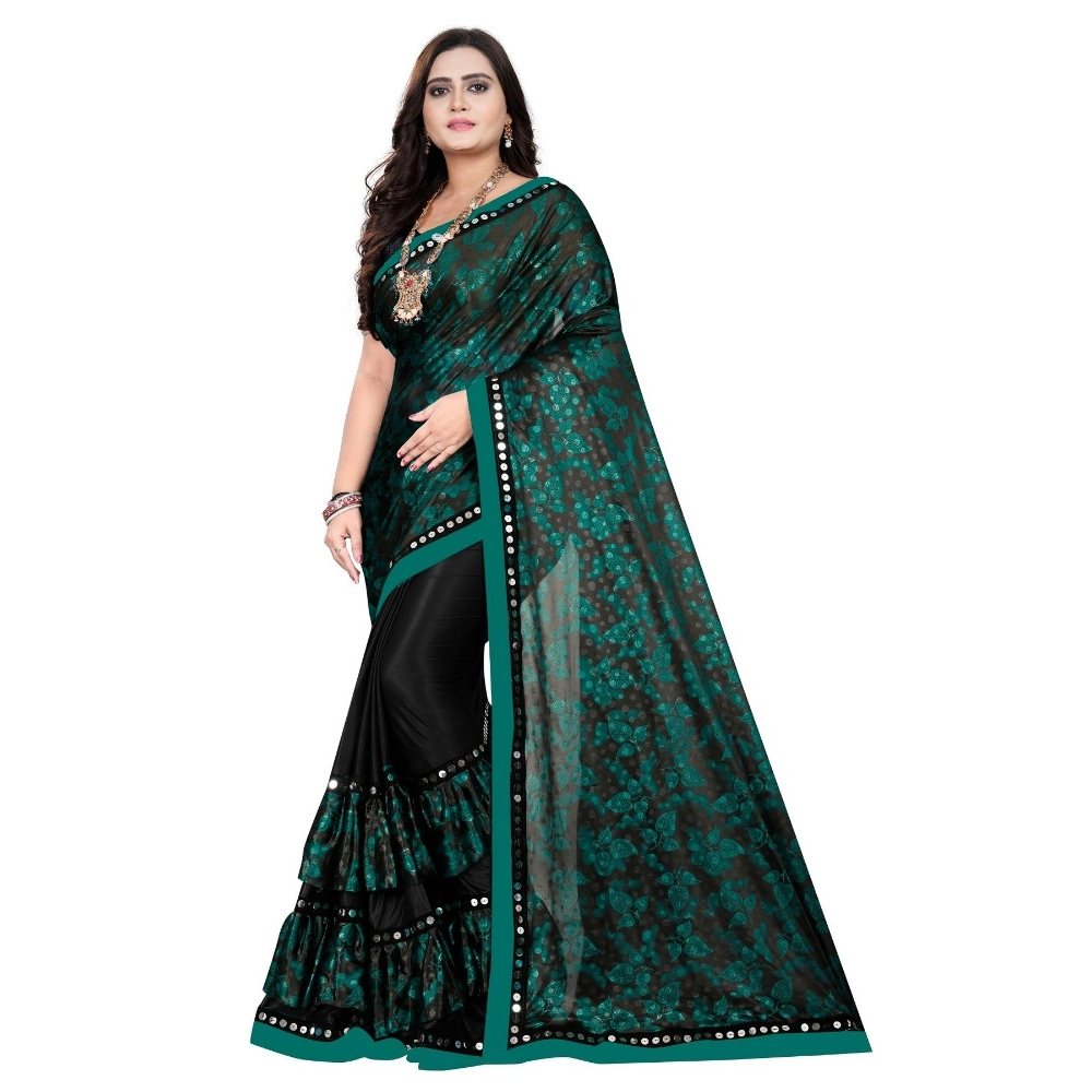Women's Lycra Blend Floral Print Saree with Blouse – Green