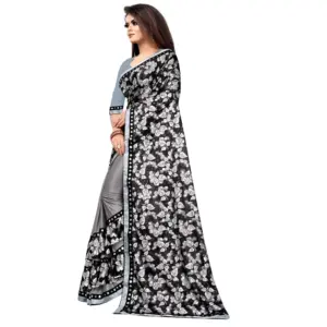Women's Lycra Blend Floral Print Saree with Blouse – Grey
