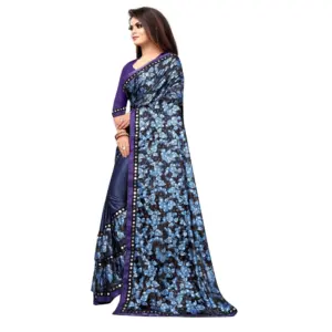 Women's Lycra Blend Floral Print Saree with Blouse – Blue