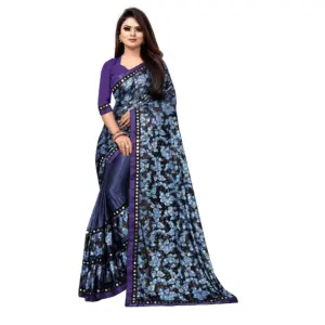 Women's Lycra Blend Floral Print Saree with Blouse – Blue