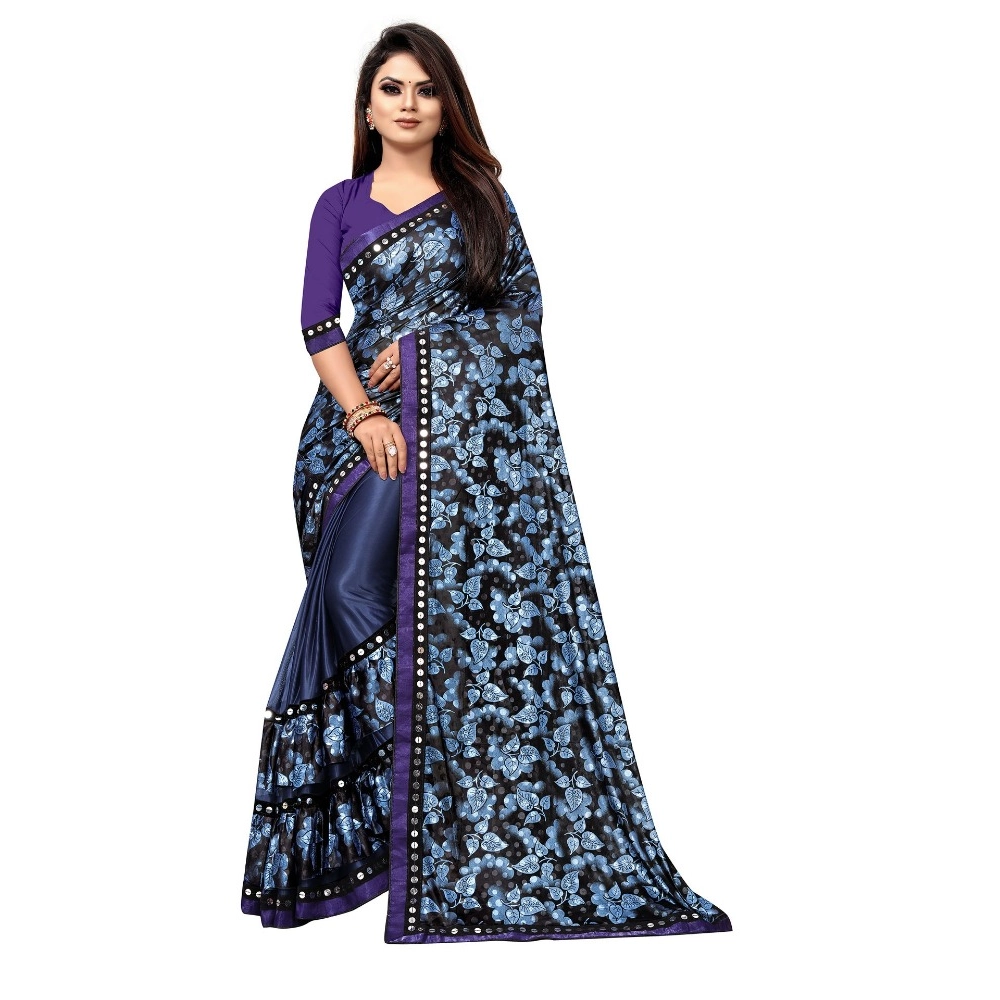 Women's Lycra Blend Floral Print Saree with Blouse – Blue