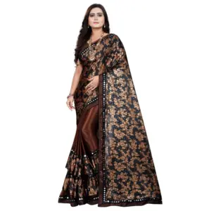 Women's Lycra Blend Floral Print Saree with Blouse – Coffee