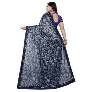Women's Lycra Blend Floral Print Saree with Blouse – Blue