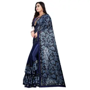 Women's Lycra Blend Floral Print Saree with Blouse – Blue