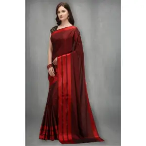 Women's Satin Silk Striped Saree with Blouse – Red