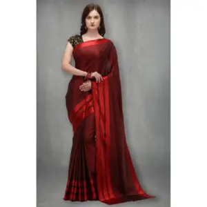 Women's Satin Silk Striped Saree with Blouse – Red