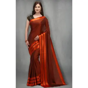 Women's Satin Silk Striped Saree with Blouse – Orange