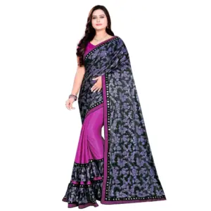 Women's Lycra Blend Floral Print Saree with Blouse – Purple